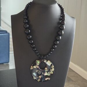 Black Beaded Necklace with Iridescent Pendant